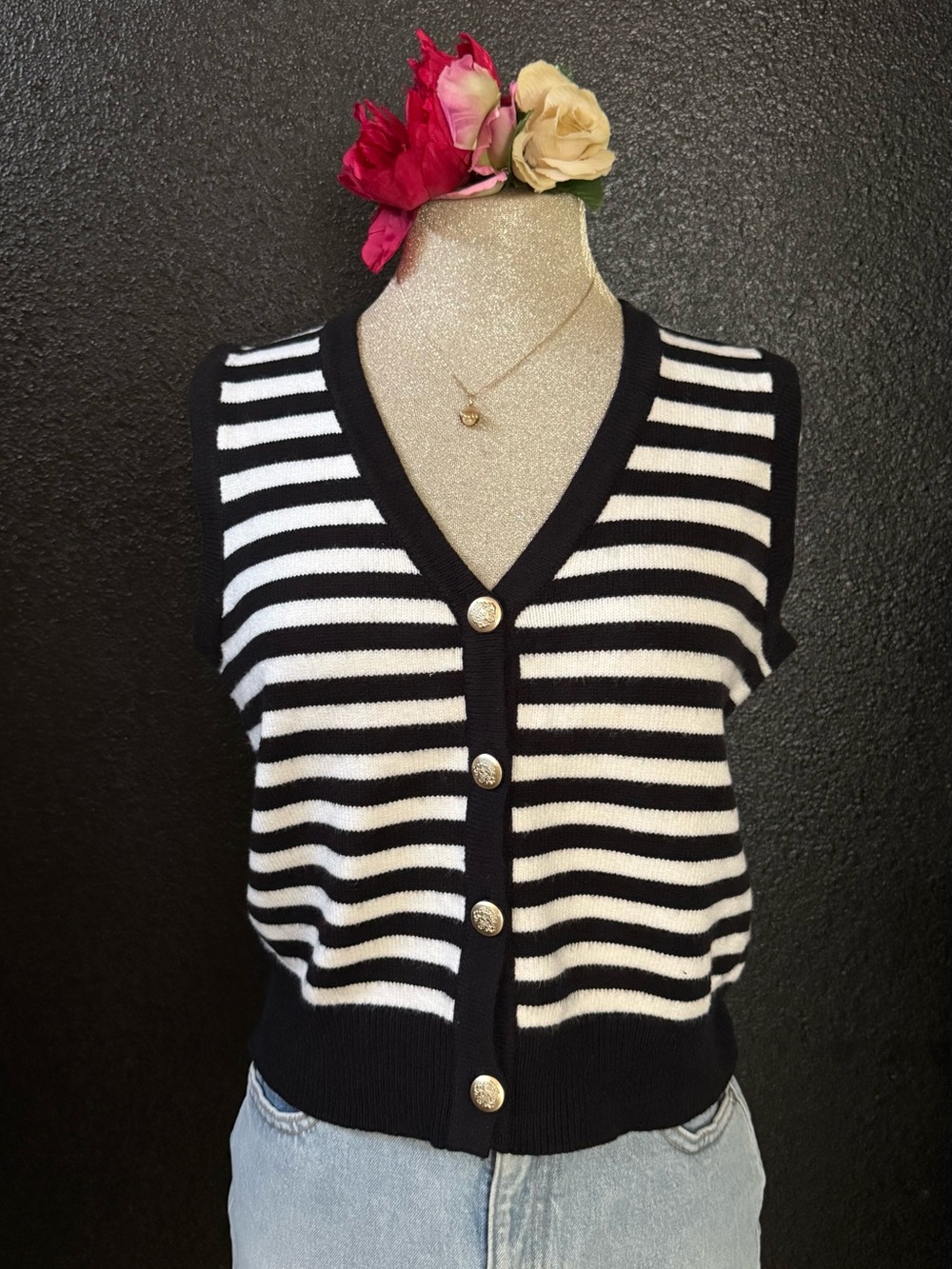 Cielo Black & White Striped Button-Front Sweater Vest top